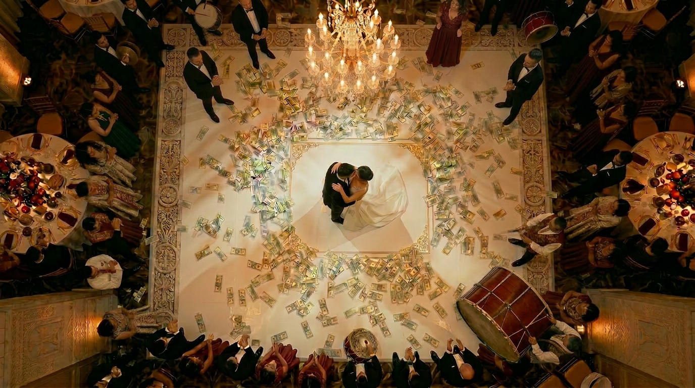 Birthday celebrant dancing while guests toss dollar bills