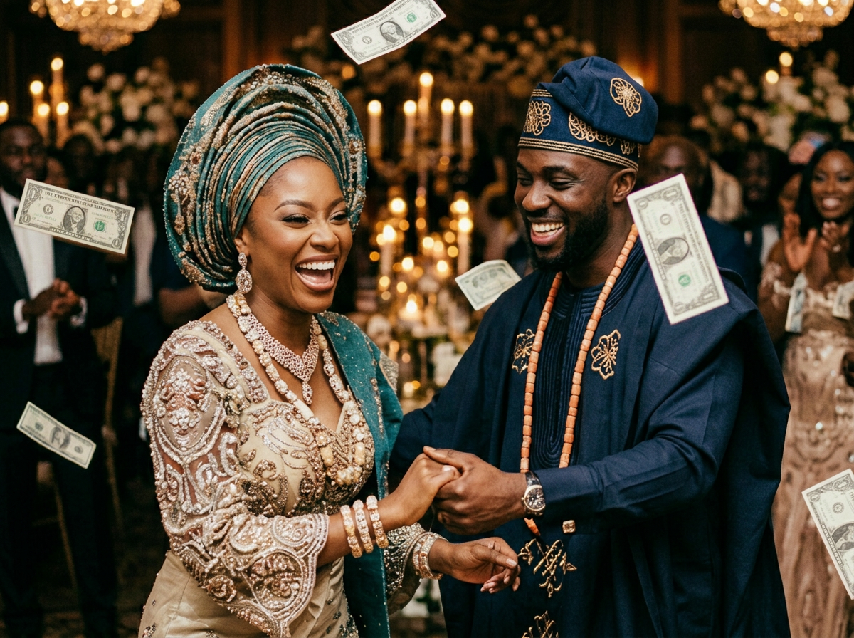 Traditionally dressed couple celebrating with cash spray