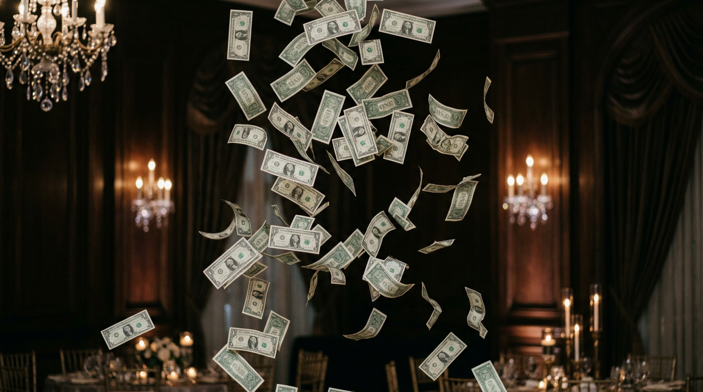 Elegant guests celebrating with cash spray at a luxury wedding reception